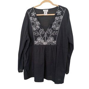 Venezia Vitale Woman Cotton 2X Black with White Embroidery Tunic Top Bell Sleeve